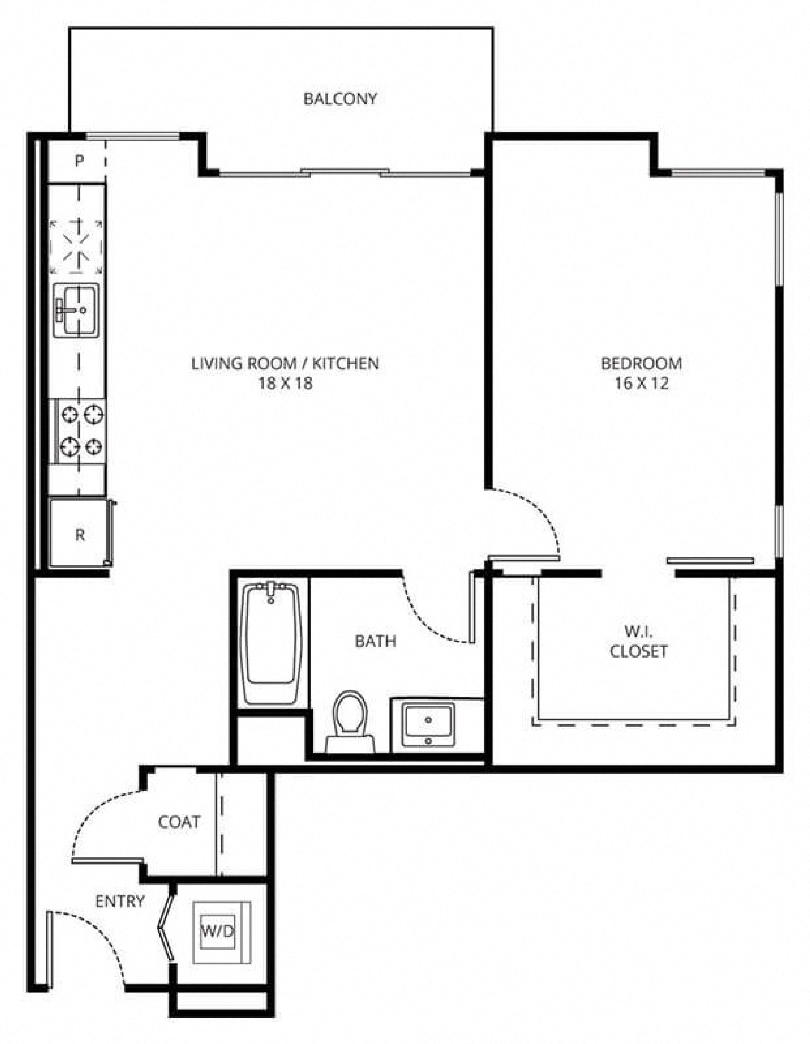 Floor plan for 1 bed, 1 bath, 810 sqft